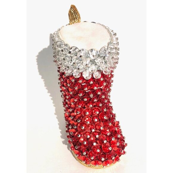 Vintage Push Pin Christmas Ornament Santa's Boot Handcrafted Red Sequins Beaded - Picture 3 of 14